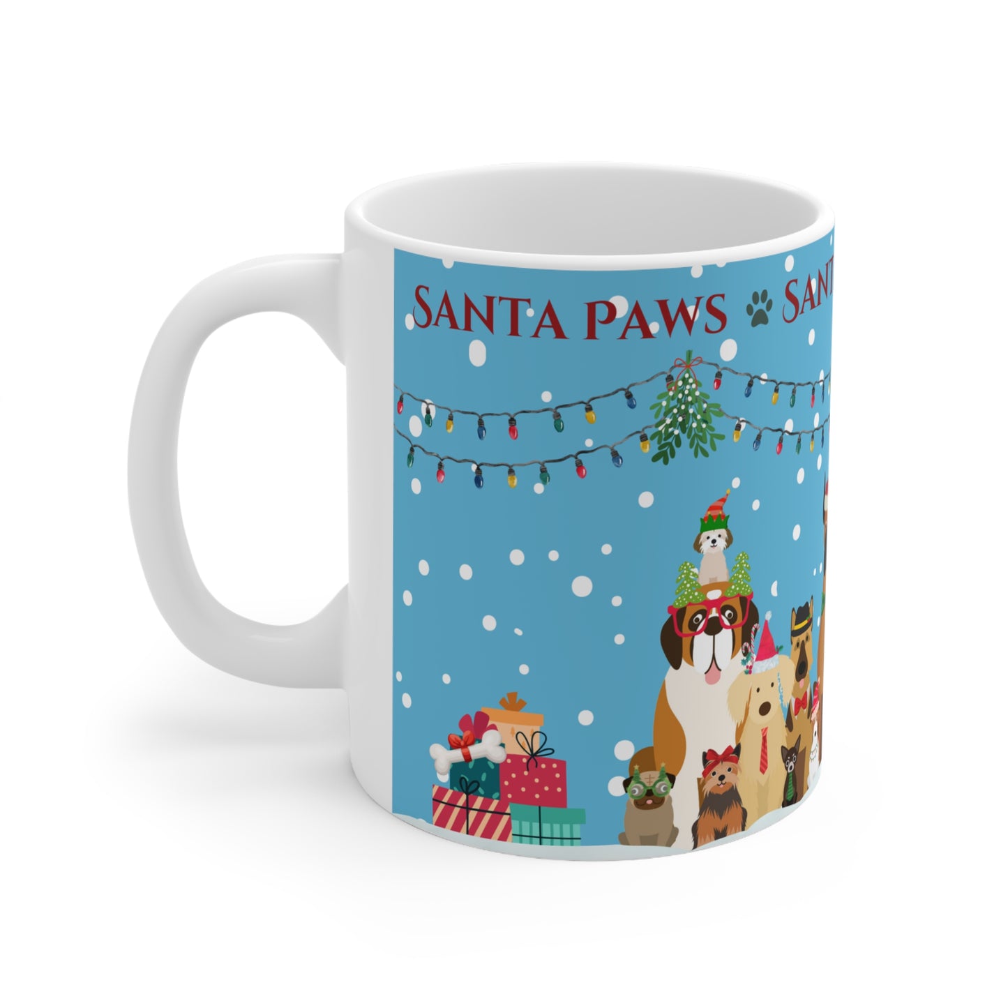 The Woof Pack Collection: 'Santa Paws' Snow & Mistletoe Ceramic Mug